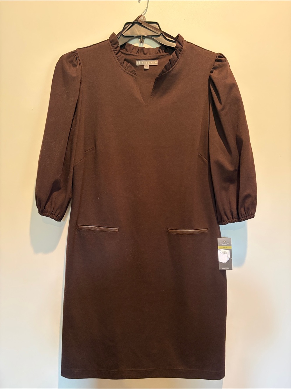 Sharagano Brown Ruffle-Neck Puff Sleeve Shift Dress